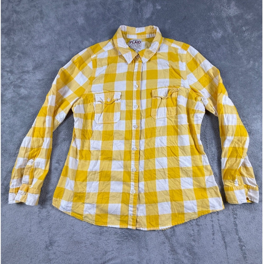 Old Navy Plaid Flannel Shirt Yellow White Buffalo Check Womens L